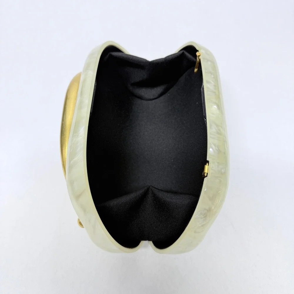 Unbranded Pearl White Marbled Acrylic Clutch Gold Sculptural Handle Minaudiere